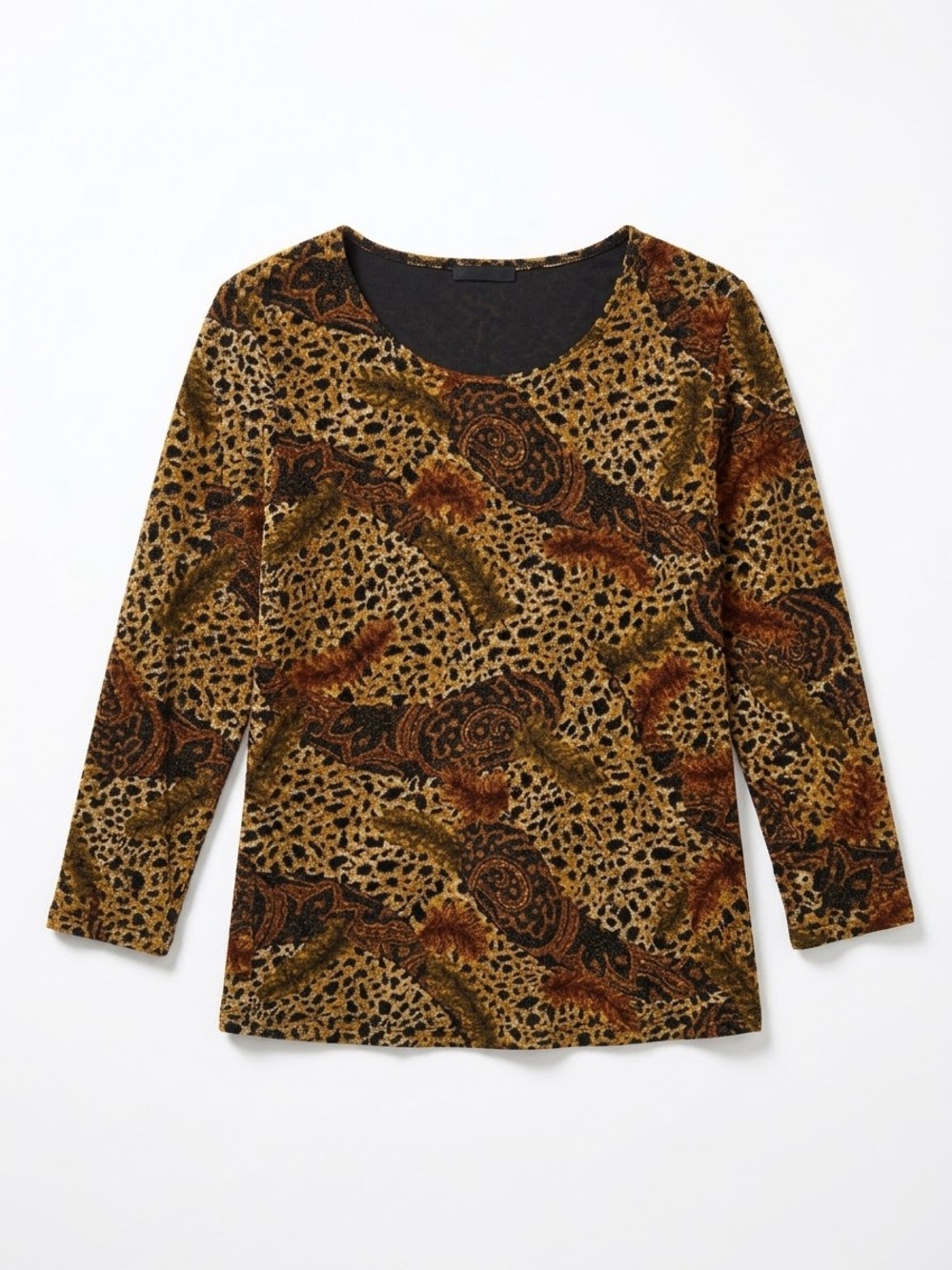 Women's Long-Sleeve Animal Print Scoop Neck Top - Brown/Black